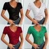 Elegant Women'S Red Lace V-Neck Short Sleeve Top Stretchy  Form-Fitting Perfect for Spring & Summer Casual Wear Floral Print Top