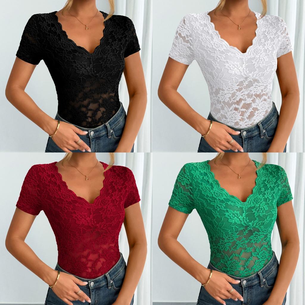 Elegant Women'S Red Lace V-Neck Short Sleeve Top Stretchy Form-Fitting Perfect for Spring & Summer Casual Wear Floral Print Top
