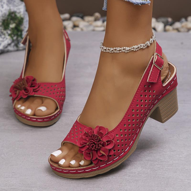 Summer New Large Size Wedge Heel Sandals Women's Hollow Flower Thick Sole One-word Buckle with Velcro Sandals