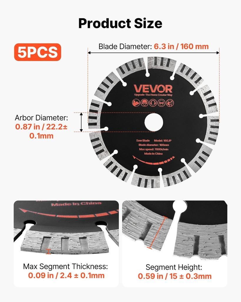 Diamond Blades 160 mm, 5-Pack Wall Chaser Saw Blade Cutting Blade, 22.2 mm Arbor, High-Hardness Diamond Segments, 65Mn Steel Core, Dry Wet Cutting,