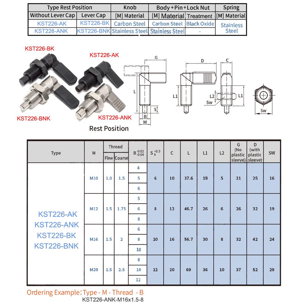 

1 шт. Индексирующие плунжеры рычажного типа KST226, Пружинный винт со штифтом, Тип с фиксацией положения 180°. Стопорный палец Мелкая/Крупная резьба M10M12M16M20 AK-M10-1-6