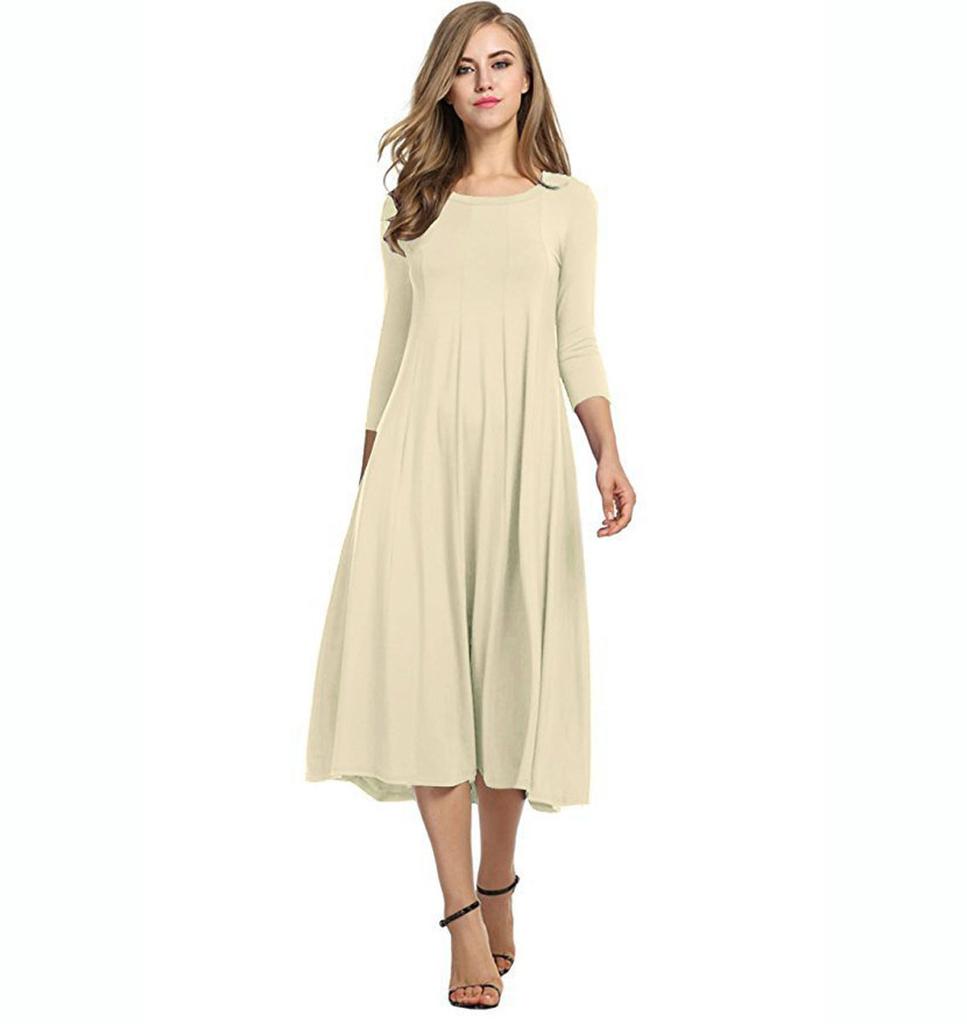 Round Neck Mid-sleeve Solid Color Swing Dress Fashion Temperament Elegant Women's Clothing