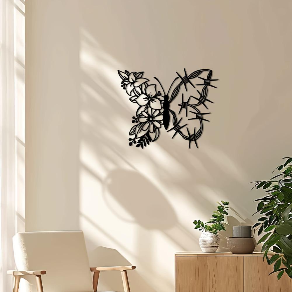 1pc Metal Butterfly Flower Wall Art, Indoor Outdoor Home Decor for Farmhouse Living Room Bedroom Porch Fence Garden Courtyard