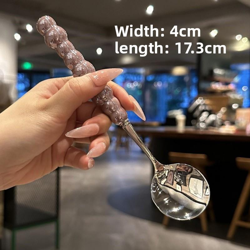 Cuillère Ronde en Acier Inoxydable Filet Rouge Doré Dîner Long Manche Remuer Cuillères à Dessert pour Accessoires de Cuisine Gadgets