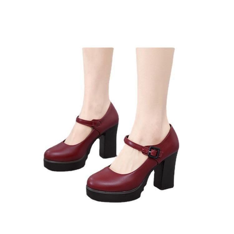 Shoes Black medium heel single shoes model catwalk shoes soft sole leather shoes thick heel large size high heels
