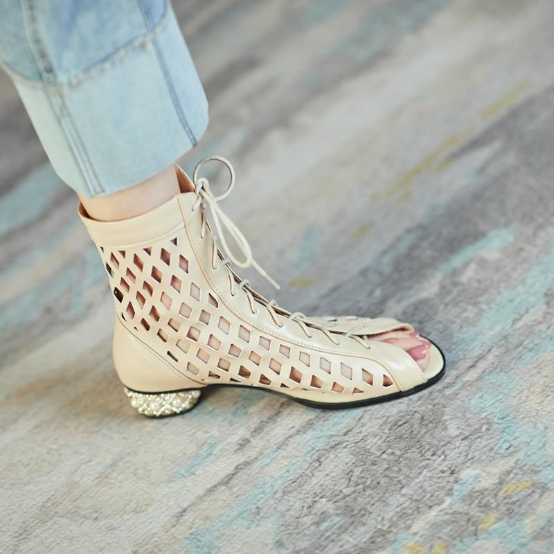 Mode Damen Neu Frühling/Sommer Echtes Leder Wasser Diamant Mittelhoher Absatz Hohl Schnürloch Offene Zehe Fischmaul Größe Coole Stiefel