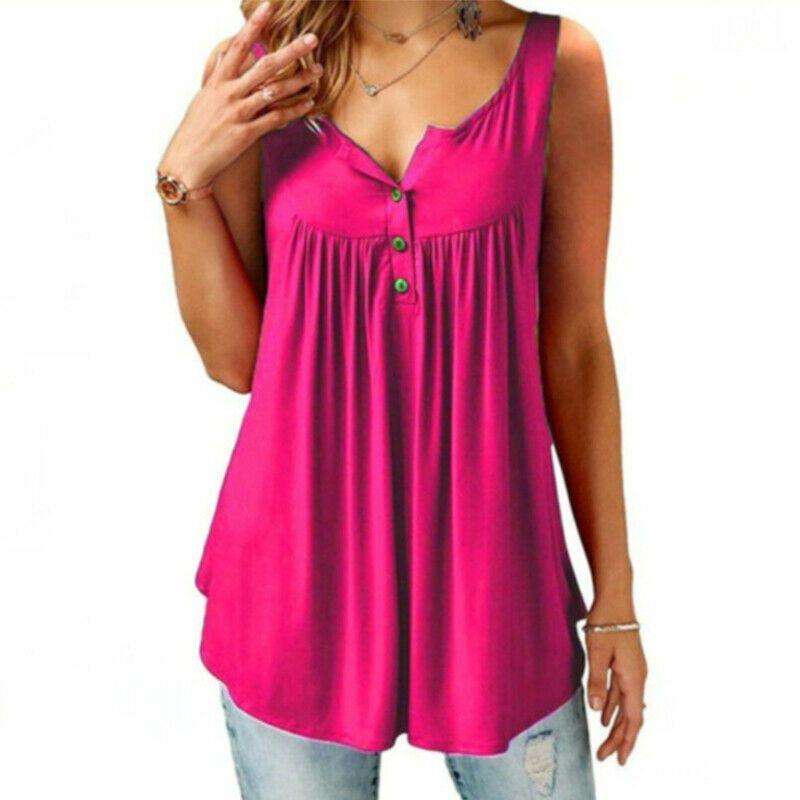 Eleganti Bluse Tunica Svasate da Donna con Scollo O e Volant in Chic Design Senza Maniche con Bottoni