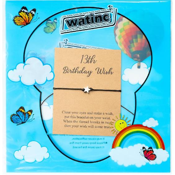 WATINC 13th Birthday Wish Bracelet, Adjustable Star Cord Bracelets with Make A Wish Cards, Friendship Simple Handmade Jewelry Birthday Gift for