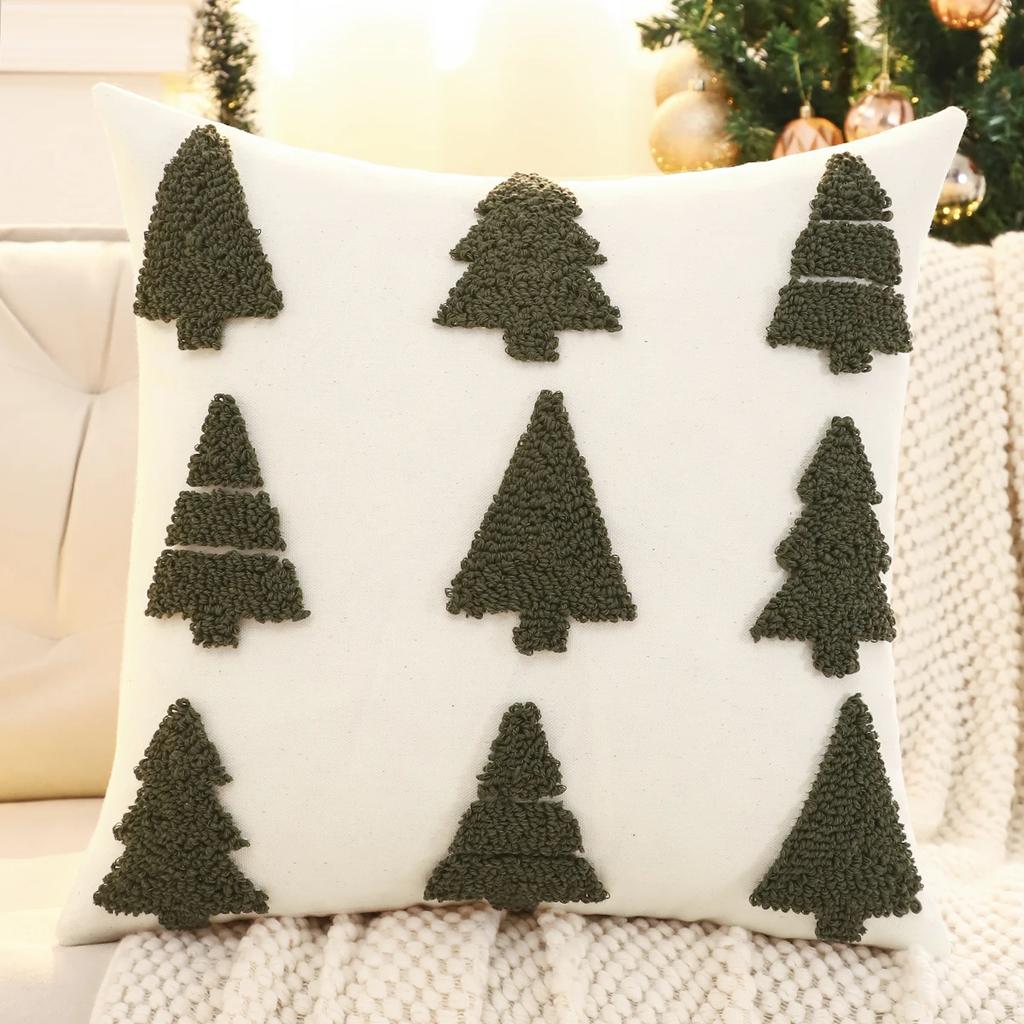 Christmas Decoration Throw Pillow Cover Embroidery Canvas Tufted Snowflake Reindeer