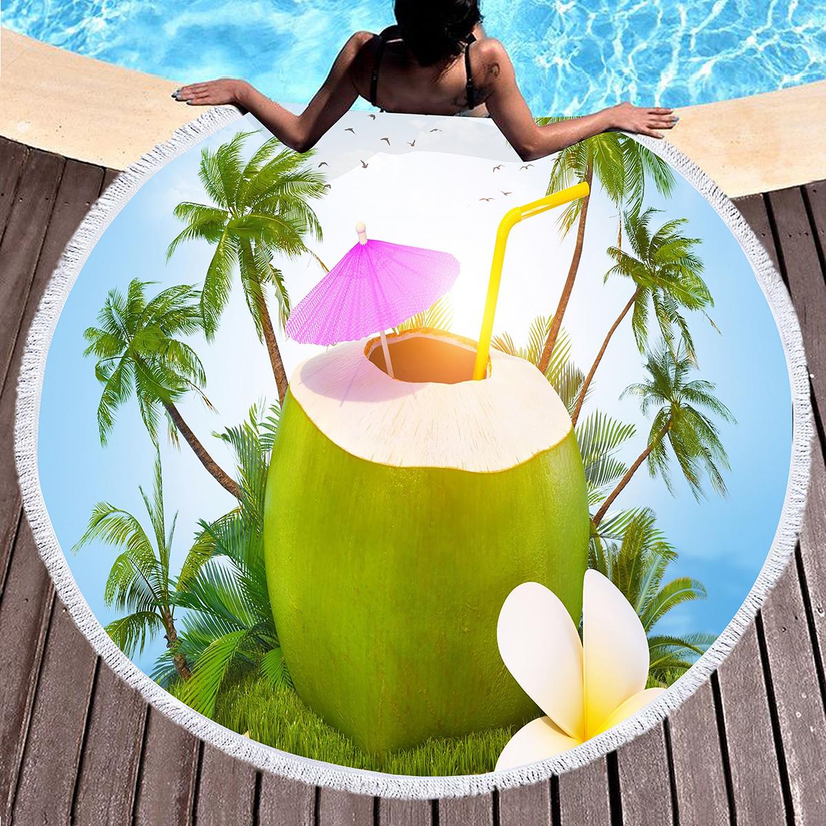 Serviette de plage ronde Hawaii Fruits Tropicaux Noix de Coco avec Pompons, Microfibre Séchage Rapide Absorbante Serviette de Piscine Couverture de Plage Sans Sable 60x60cm (23x23 in)&1pc