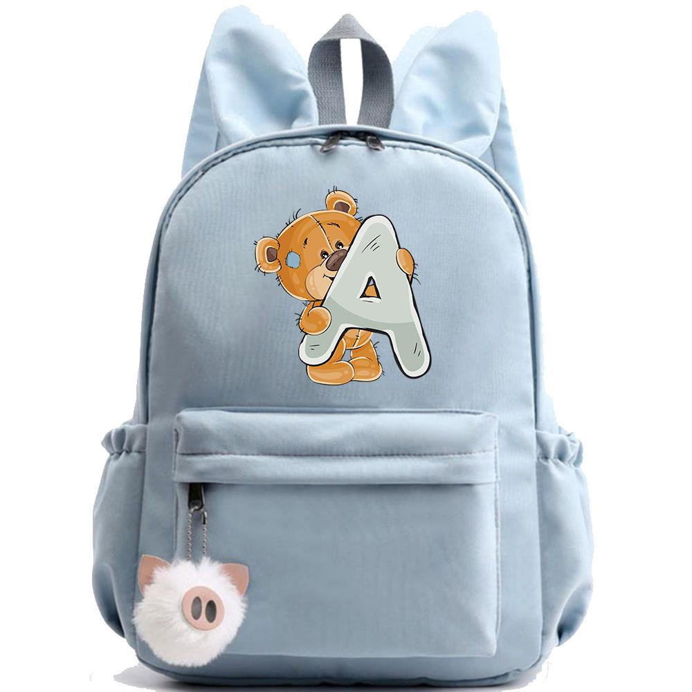 Little Bear 26 English Letters Backpack Printed School Bag for Teenager Kid Boy Girl Student Cartoon Bookbag Outdoor Rucksack
