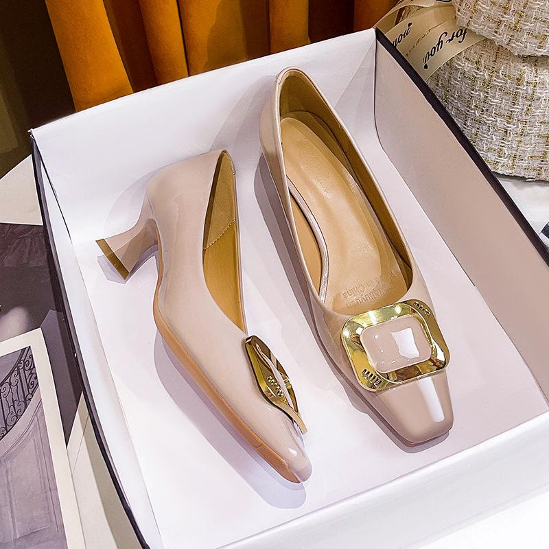 High Heels Women's Stiletto 2025 New Women's Shoes Fruit Green Metal Buckle Square Head Shallow Mouth French Small High Heel Single Shoes