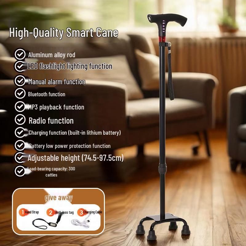 LED Smart Elderly Cane with Alarm, Radio, Retractable Legs & Non-slip Base