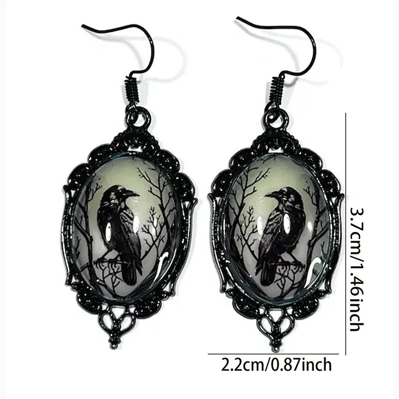 Gothic Luminous Bat Crow Glass Dangle Earrings Vintage Black Metal Drop Jewelry For Women Halloween Party Accessory