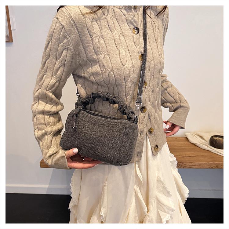 Korean Style Chic Denim Pleated Embroidered Crossbody Bag for Women