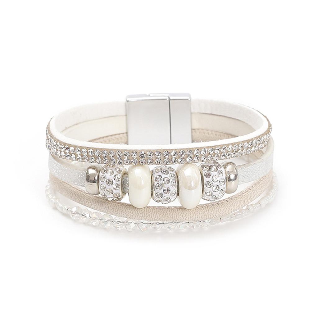 Ceramic Beads Leather Bracelet For Women Retro Boho Crystal Chain Multilayer Wide Wrap Jewelry Accessories