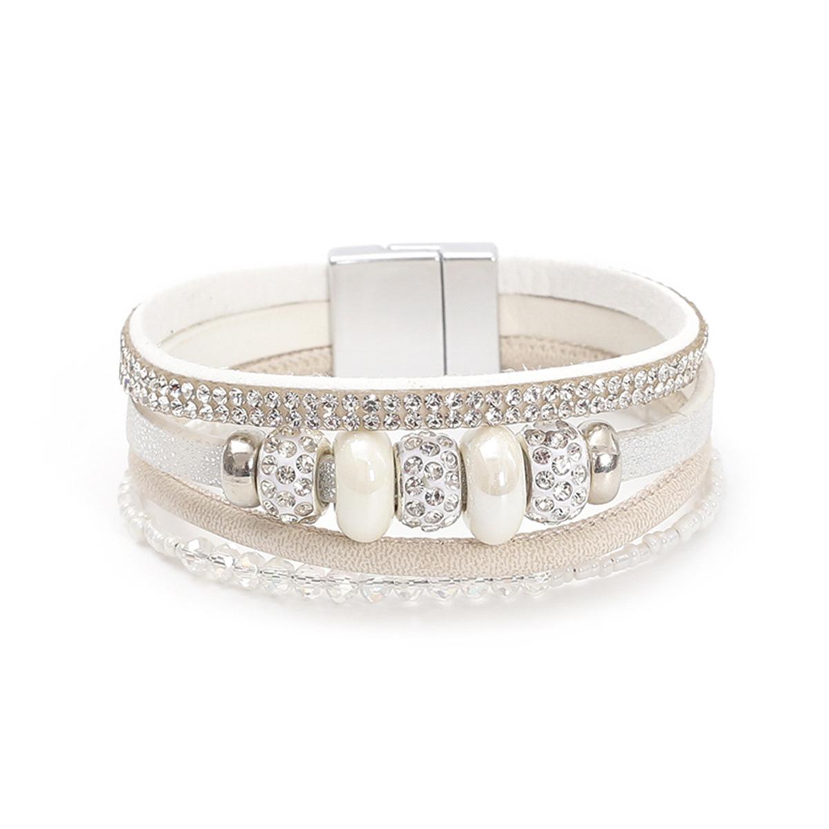 

Керамические бусины Кожаный браслет для женщин Ретро Бохо Хрустальная цепочка Многослойный широкий оберточный Ювелирные аксессуары