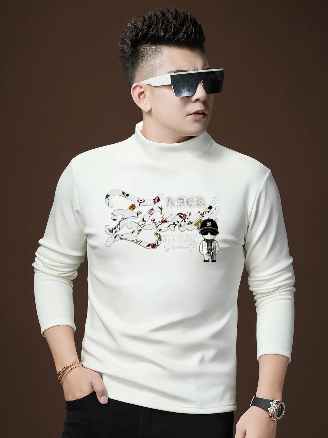 

Men s Fleece-Lined Half-Turtleneck Gold-Printed Long-Sleeve T-Shirt M белый