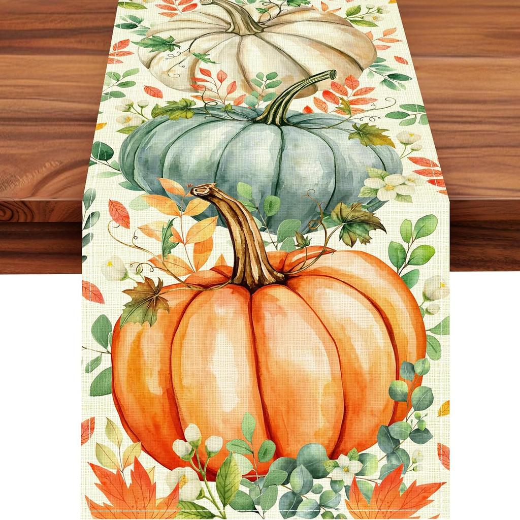 Pumpkin Eucalyptus Leaves Fall Table Runner, Autumn Thanksgiving Kitchen Table Decorations for Home Party Decor (Pumpkin 2, 13x72 inches)