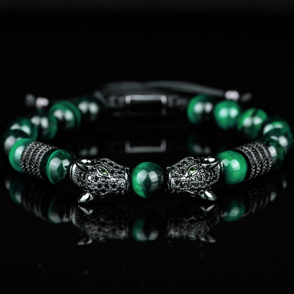 New Trend Double Leopard Head Handmade Tiger's-eye Bracelets  Accessories Handmade Men's Jewelry Pulseras Homme