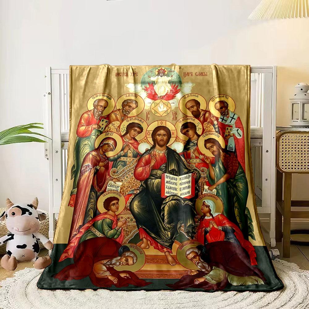 

A central seated figure surrounded by halos, angels, and ornate designs. for all seasons blanket lunch break throw gift 80cm x 120cm