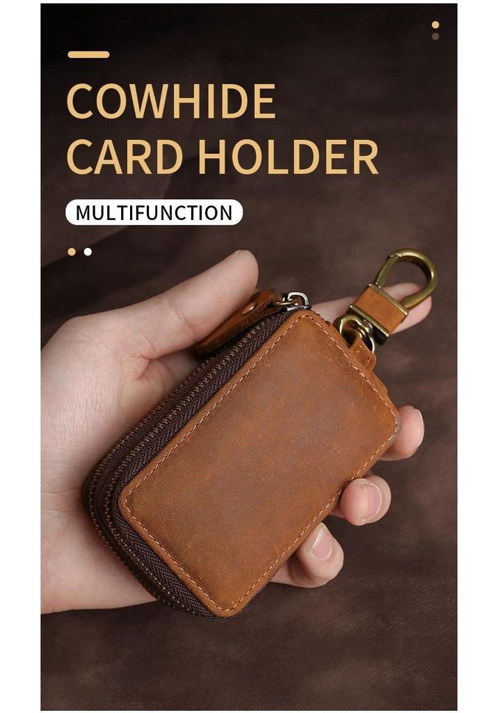Universal Retro Crazy Horse Leather Key Case, Large Capacity Double Layer for Car & Home Keys