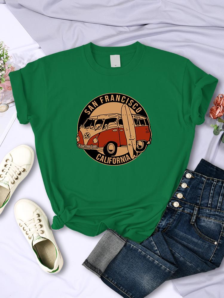 San Francisco California Vintage School Bus T-Shirts Women Street Hip Hop Short Sleeves Summer Breathable Tshirt Soft Casual Tee