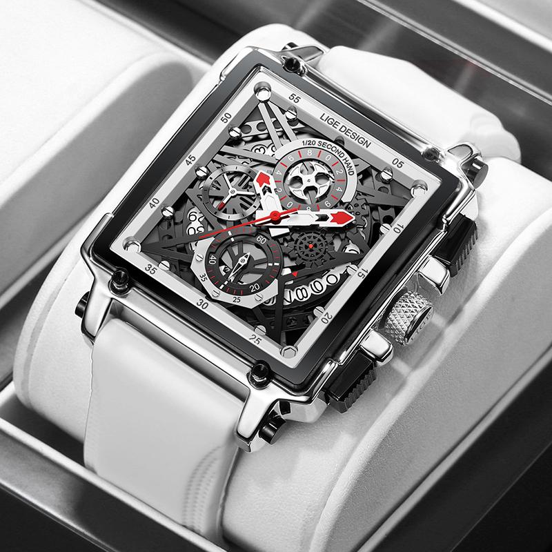 New Creative Hollow Chronograph Square Watch Man Fashion Business Silicone Waterproof Quartz Men's Watches Montre Homme+BOX