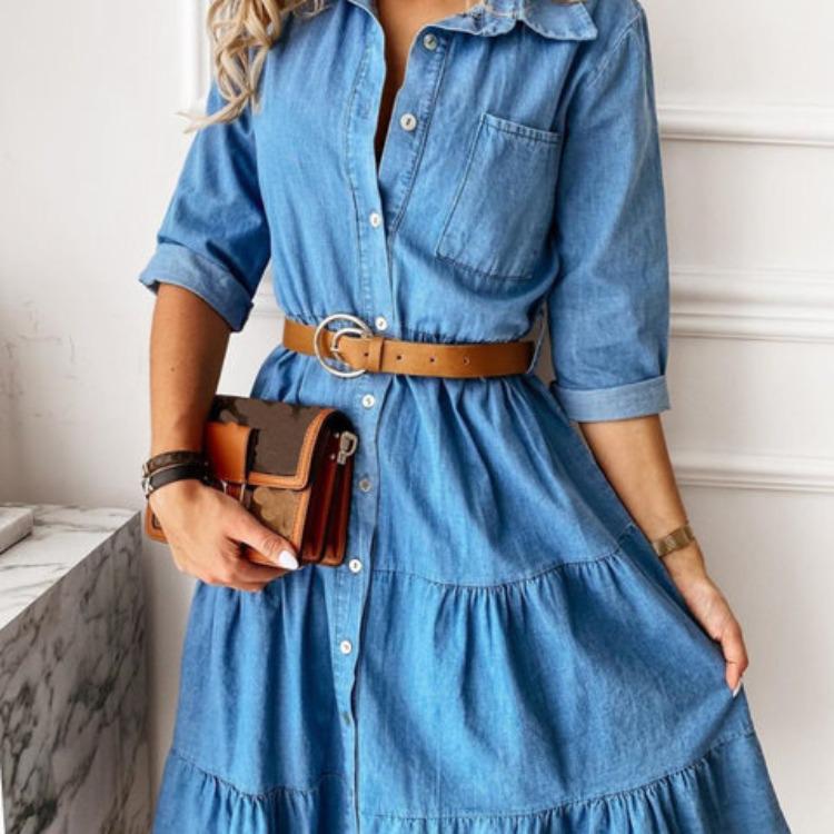 2023 European & American Trendy Women's Imitation Denim Mid-Length Dress