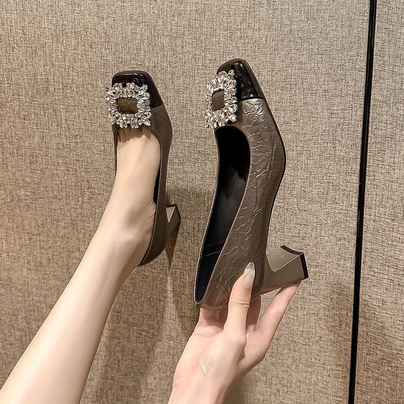 Trendy brand French thick heel silver high heels 2025 new retro square head light mouth rhinestone middle heel professional single shoes