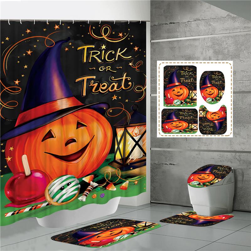 HOT Halloween Ghost Pumpkin Skull Shower Curtain Set with Non-Slip Rugs Toilet Lid Cover and Bath Mat Washable Trick or Treat