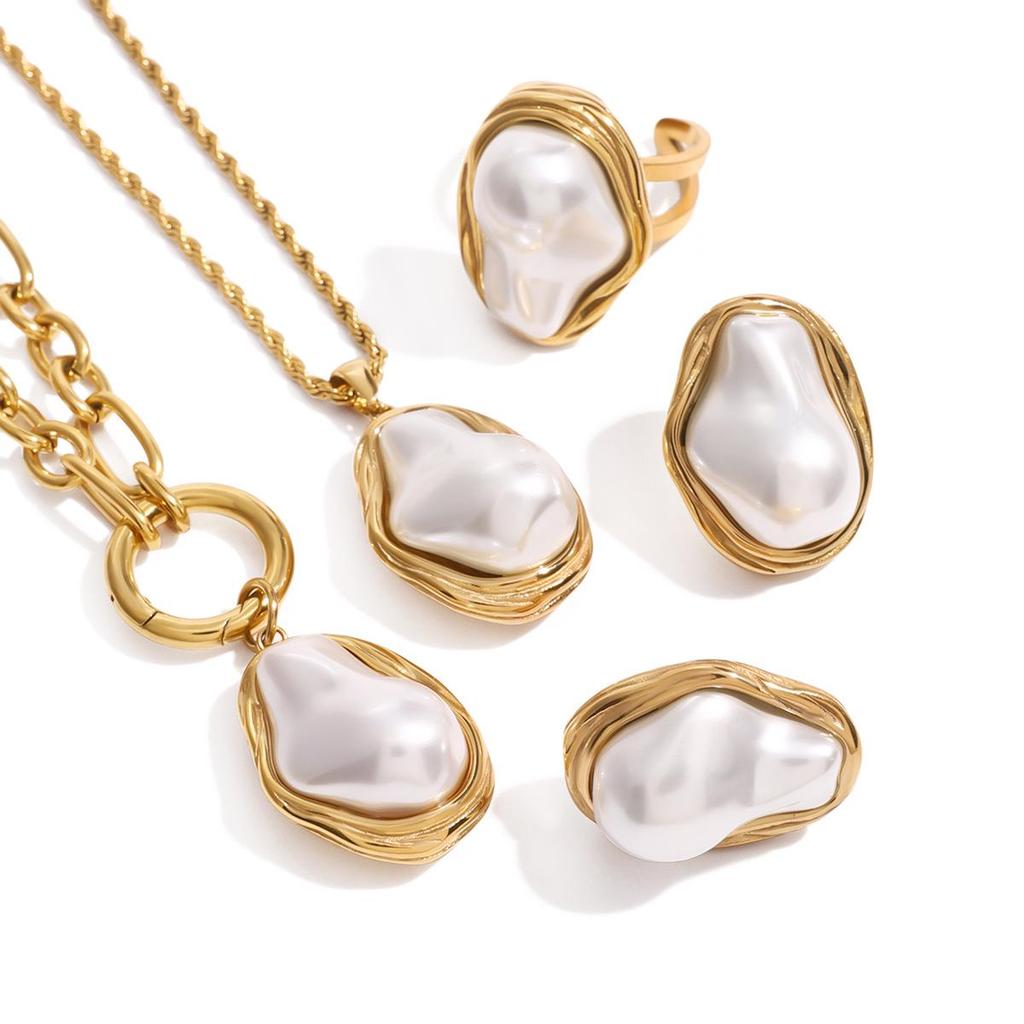 Jieding Stainless Steel Pearl Necklace & Pendant with Titanium Steel Ring and Stud Earrings Jewelry Set