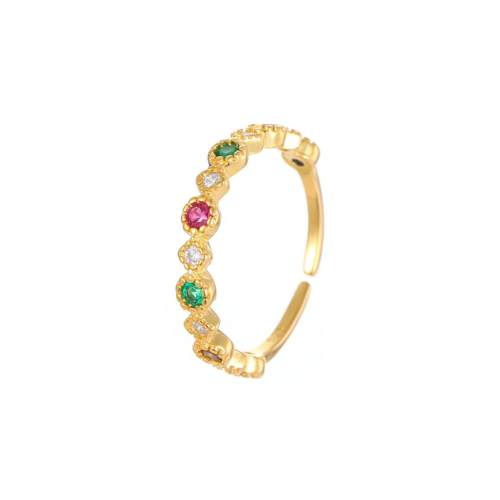 18K Gold-Plated S925 Silver Rainbow Zirconia Open Ring for Women - Retro Niche Design, Exquisite and Cool Style.