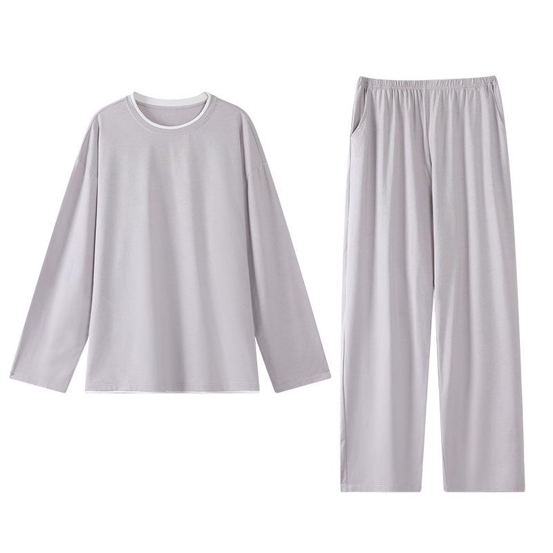 Men's Long Sleeve Loose Pajama Set - Round Neck, Long Pants, Plus Size for Spring & Autumn.