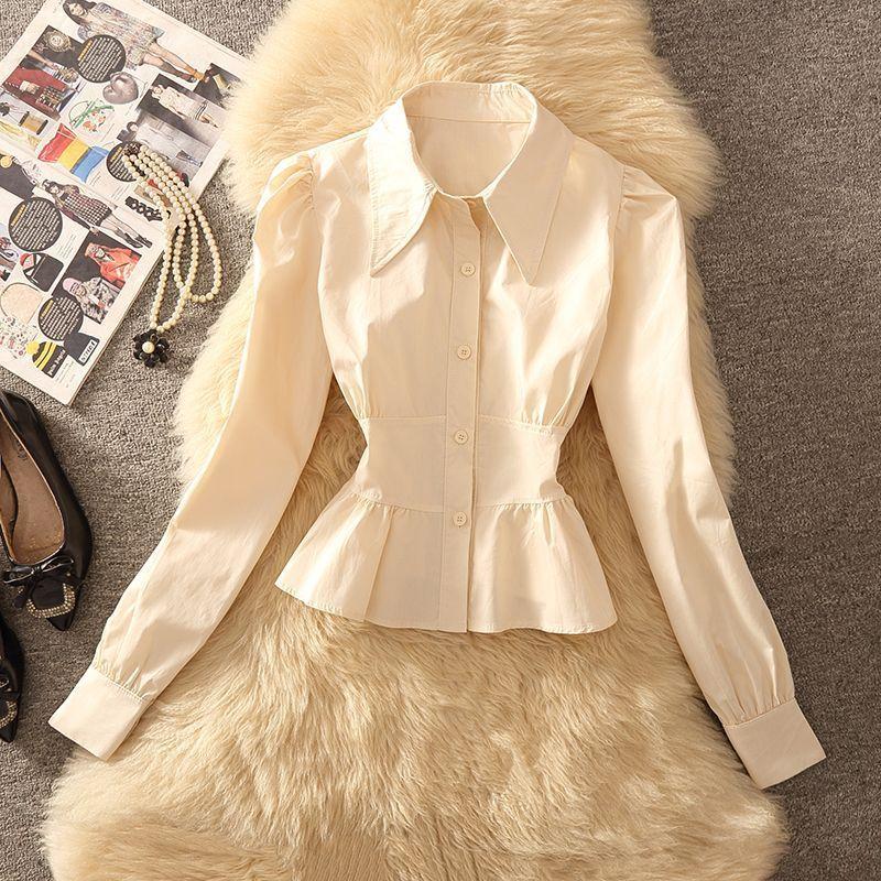 

Новый Шикарный Дизайн Нишевая Маленькая Рубашка с Утяжкой на Талии Французский Стильный Топ с Длинными Рукавами S абрикосовый