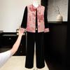 Elegant Golden Velvet Vest Top Set for Middle-Aged and Elderly Women - Chinese National Style Three-Piece with Dignified Sophistication
