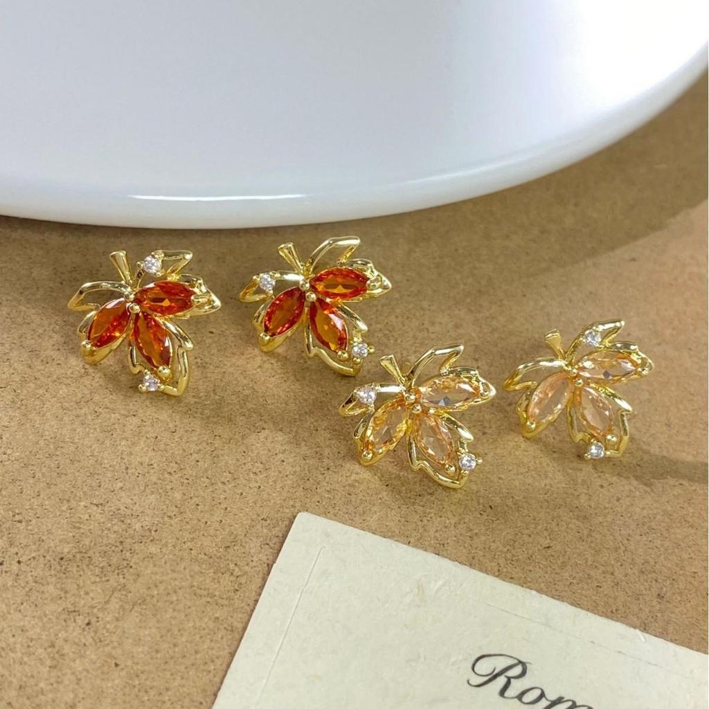 High-End Red Zircon Maple Leaf Stud Earrings - Elegant Autumn/Winter Design
