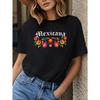 Camiseta Gráfica Mexicana Preta Feminina Gola Redonda Manga Curta Floral Primavera Verão Casual Moda Vibrante Top