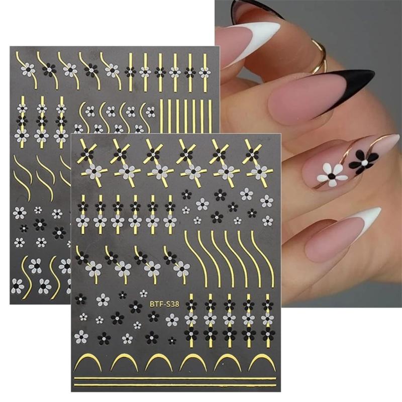 Flower Nail Stickers,Adhesive 3D Nail Decals Lines Heart Nail Art Stickers Summer Nail Design Nail Art Accessories
