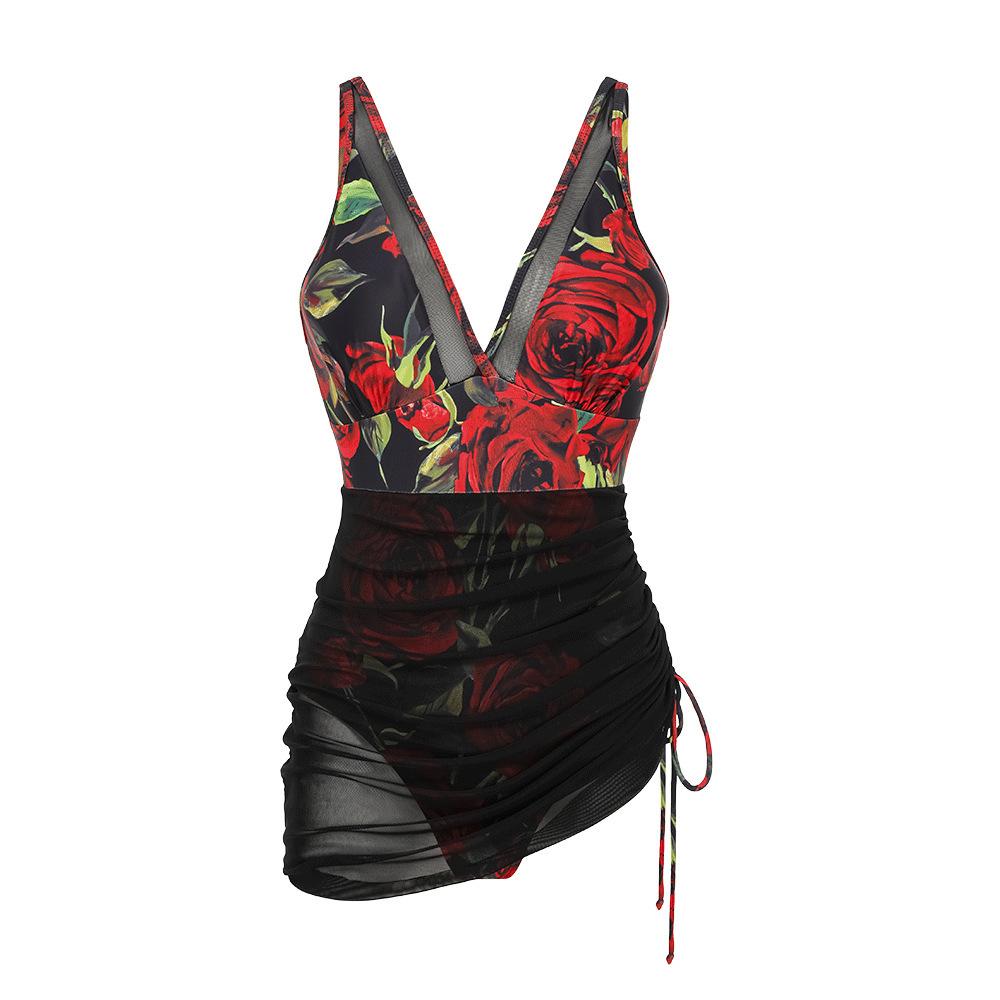 European and American swimwear: mesh patchwork print, sexy one-piece swimsuit, high-end swimwear S чёрный