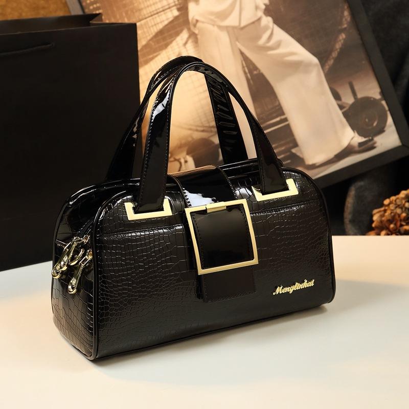 

Women S Bag Multi-Layer Shoulder Patent Leather Mother Alligator Pattern Portable Boston Pillow Bag Versatile
