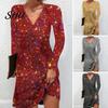 Elegant Party Dress Women V Neck Long Sleeve Shiny Sequin Loose A-line Solid Color Short Soft Breathable Pullover Elastic Above Knee Length Club Mini