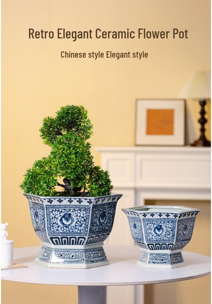 Hexagonal Lotus Flower Bonsai Pot, Blue and White Jingdezhen Ceramic Planter for Orchids and Greenery