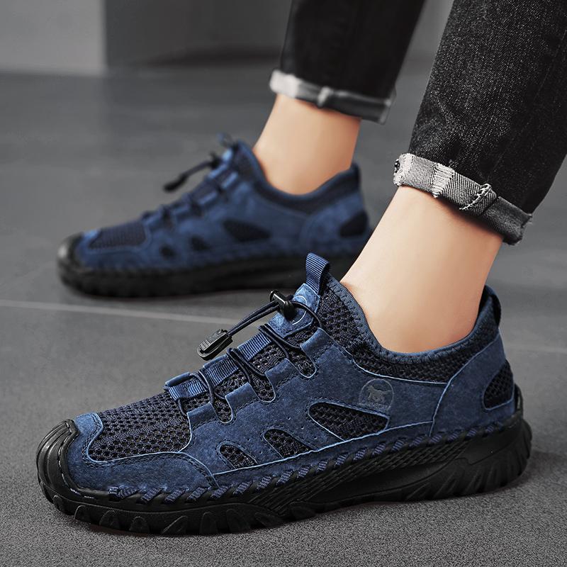 Fashion Handmade Genuine Leather Summer Mesh Shoes Large Size 47 Casual Stylish Mens Non-Slip Comfortable Hiking Shoes Sandals For Men