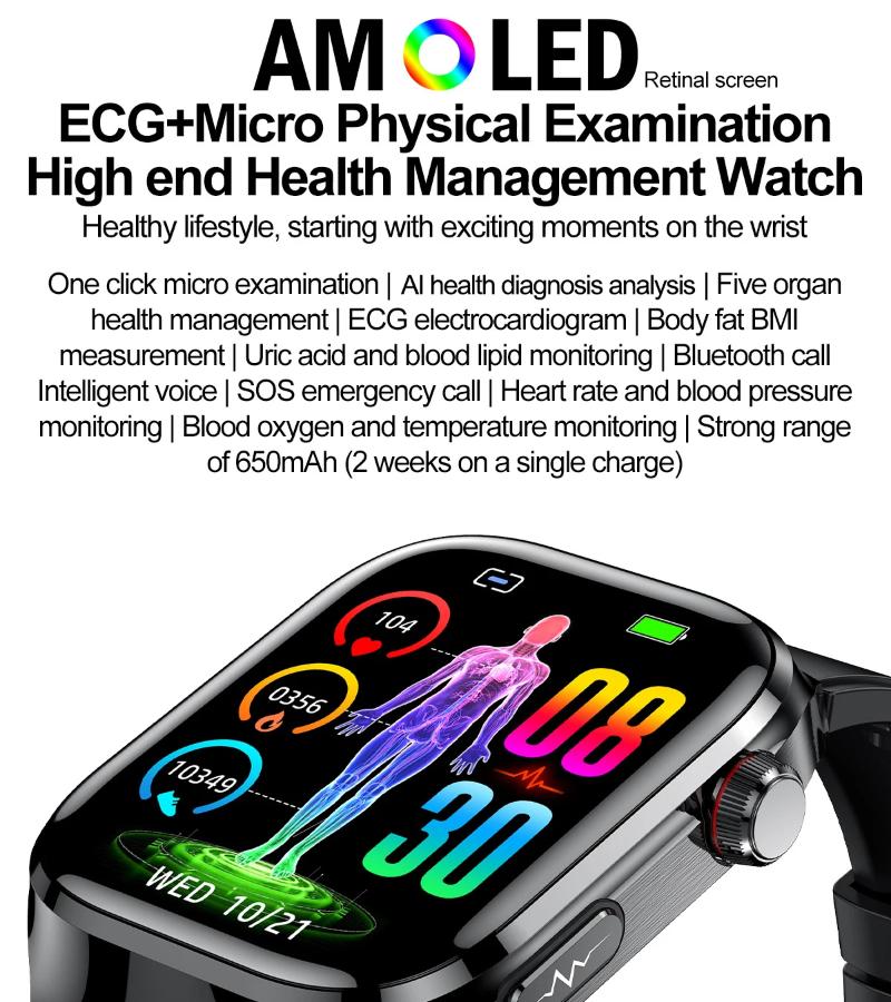 Montre Intelligente ECG+PPG Appel BT Rappel Push Examen Physique Montre de Santé Pression Artérielle Acide Urique Oxygène Sanguin Sport Montre Intelligente