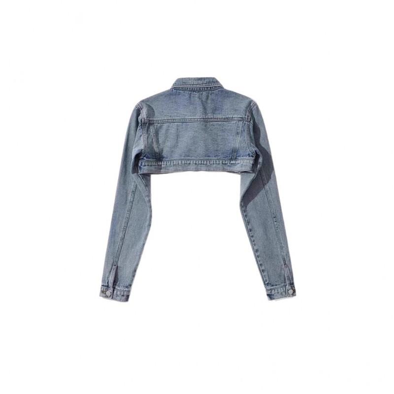 Womens Short Cropped Denim Jacket With Shawl Collar Retro Biker Style High Waist Sexy Fit