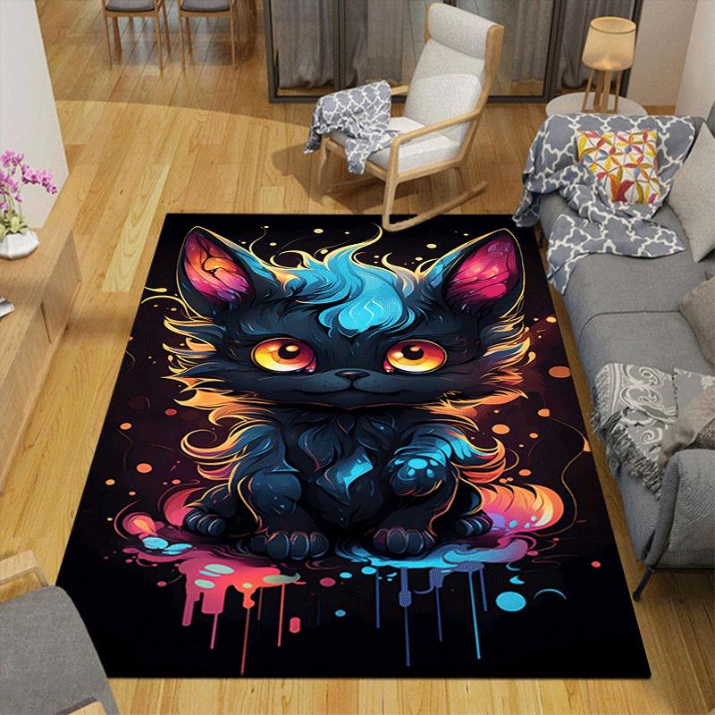 1 Stück Schwarzer Kätzchen-Druck, Design Teppich für Innenbereiche - Weich, Rutschfest und Langlebig, Gaming-Zimmer-Dekoration für Schlafzimmer