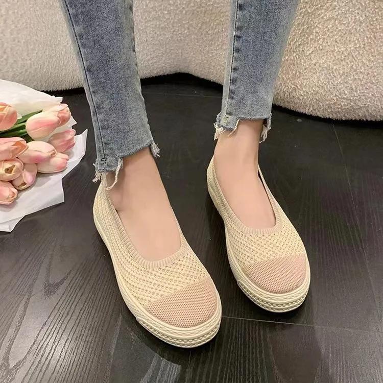 Fashion 2025 Summer New Fashion Casual Flat Shoes Breathable Shallow Knitted Slip-on Round Head Women's Casual Shoes