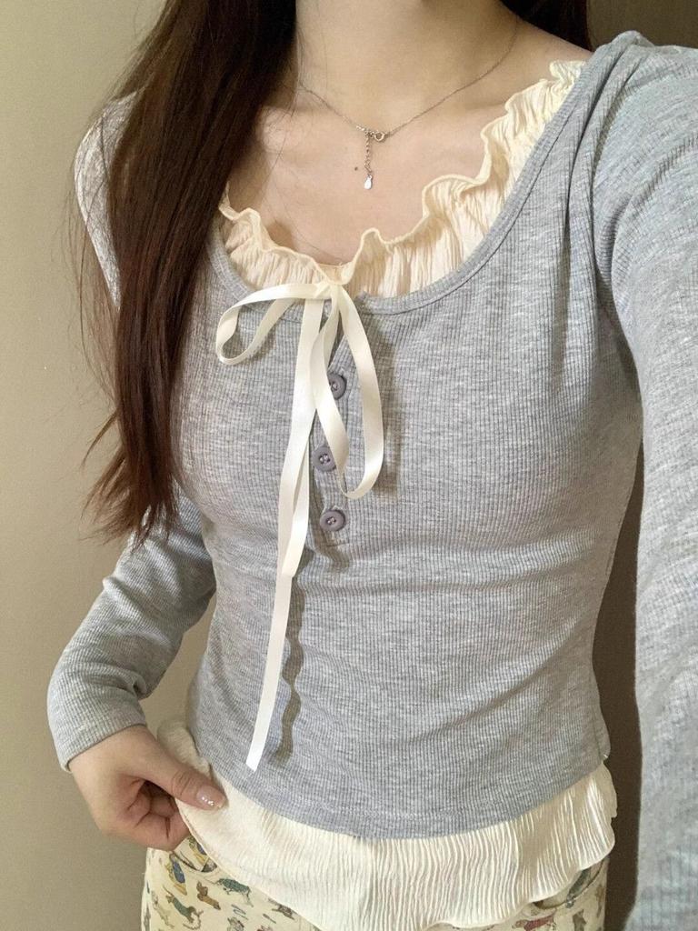 Spring Women's Slim Fit Long Sleeved Round Neck T-shirt Top