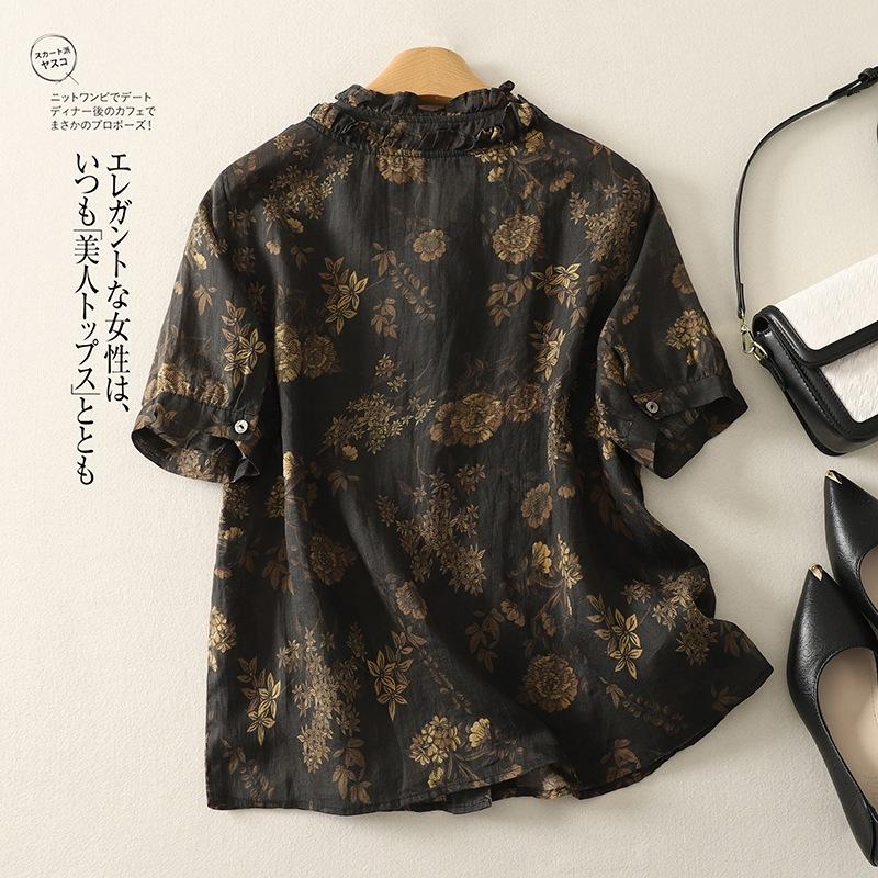 2025 Summer New Retro Fried Color Printed Cotton and Linen Shirt Women's Fungus Edge Temperament Shirt Short-sleeved Top